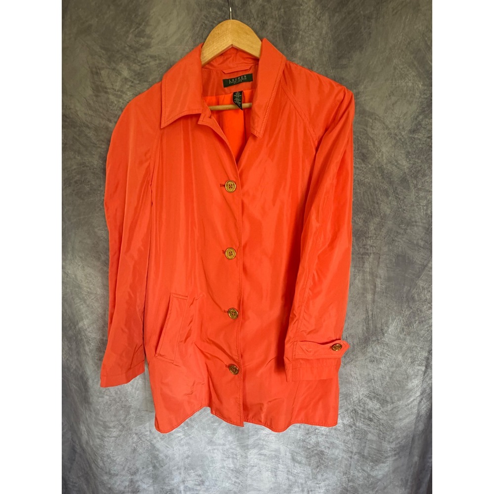 Lauren Ralph Lauren Petite Orange Rain Jacket Bold‎ Preppy Style Gold Buttons PL